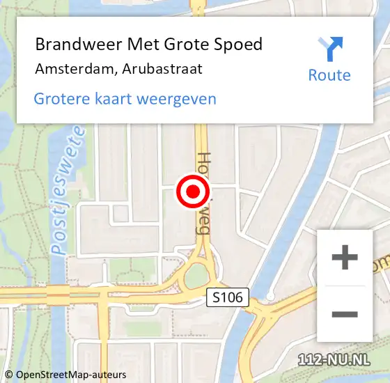 Locatie op kaart van de 112 melding: Brandweer Met Grote Spoed Naar Amsterdam, Arubastraat op 16 juni 2021 04:05
