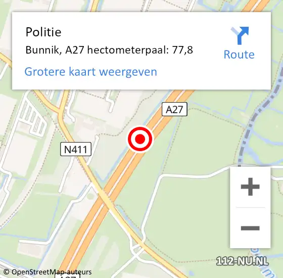 Locatie op kaart van de 112 melding: Politie Bunnik, A27 hectometerpaal: 77,8 op 16 juni 2021 07:41