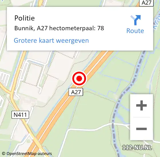 Locatie op kaart van de 112 melding: Politie Bunnik, A27 hectometerpaal: 78 op 16 juni 2021 07:42