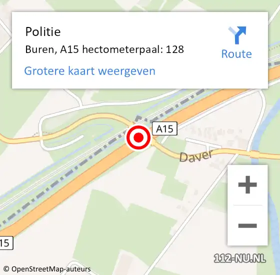 Locatie op kaart van de 112 melding: Politie Buren, A15 hectometerpaal: 128 op 16 juni 2021 12:11