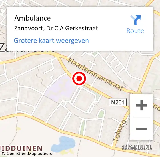 Locatie op kaart van de 112 melding: Ambulance Zandvoort, Dr C A Gerkestraat op 16 juni 2021 12:36