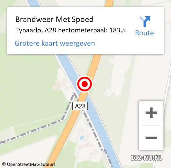 Locatie op kaart van de 112 melding: Brandweer Met Spoed Naar Tynaarlo, A28 hectometerpaal: 183,5 op 16 juni 2021 13:39