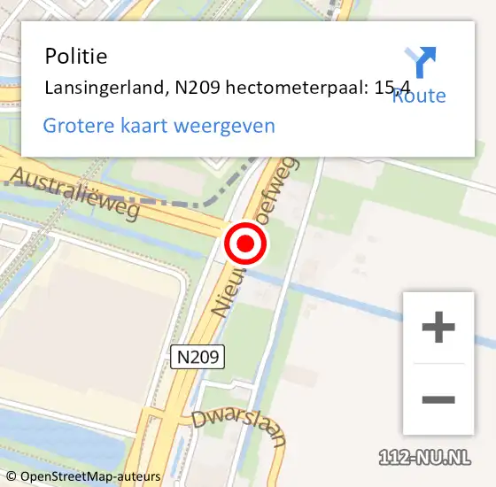 Locatie op kaart van de 112 melding: Politie Lansingerland, N209 hectometerpaal: 15,4 op 16 juni 2021 16:03