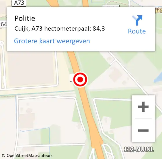 Locatie op kaart van de 112 melding: Politie Cuijk, A73 hectometerpaal: 84,3 op 16 juni 2021 16:28