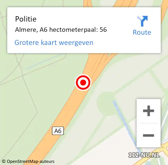 Locatie op kaart van de 112 melding: Politie Almere, A6 hectometerpaal: 56 op 16 juni 2021 16:43