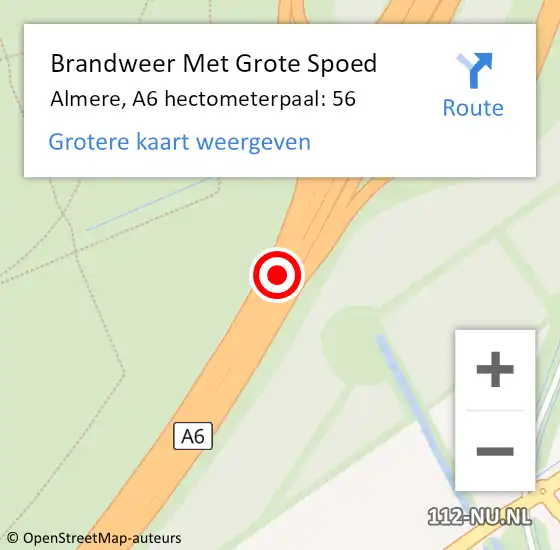 Locatie op kaart van de 112 melding: Brandweer Met Grote Spoed Naar Almere, A6 hectometerpaal: 56 op 16 juni 2021 16:45