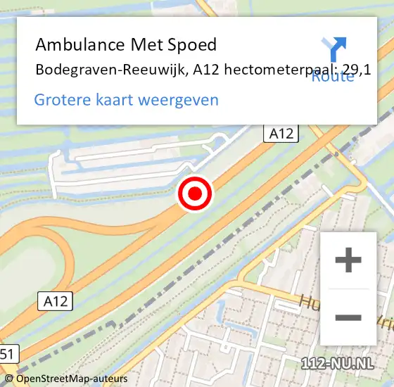 Locatie op kaart van de 112 melding: Ambulance Met Spoed Naar Bodegraven-Reeuwijk, A12 hectometerpaal: 29,1 op 16 juni 2021 17:03