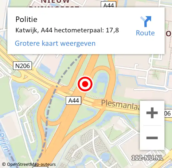 Locatie op kaart van de 112 melding: Politie Katwijk, A44 hectometerpaal: 17,8 op 16 juni 2021 17:18