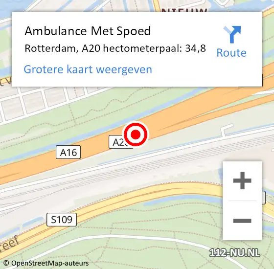 Locatie op kaart van de 112 melding: Ambulance Met Spoed Naar Rotterdam, A20 hectometerpaal: 34,8 op 16 juni 2021 17:18