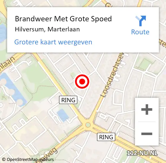 Locatie op kaart van de 112 melding: Brandweer Met Grote Spoed Naar Hilversum, Marterlaan op 16 juni 2021 17:53