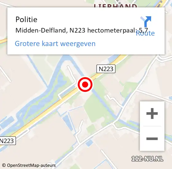 Locatie op kaart van de 112 melding: Politie Midden-Delfland, N223 hectometerpaal: 5,7 op 16 juni 2021 18:45