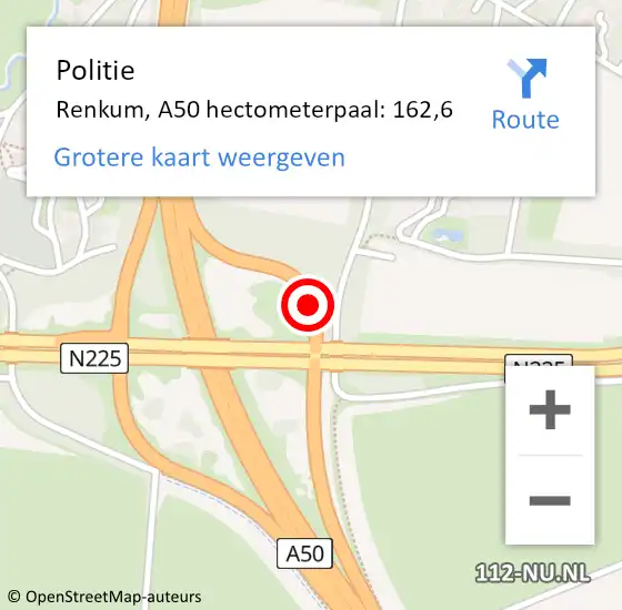 Locatie op kaart van de 112 melding: Politie Renkum, A50 hectometerpaal: 162,6 op 16 juni 2021 18:49