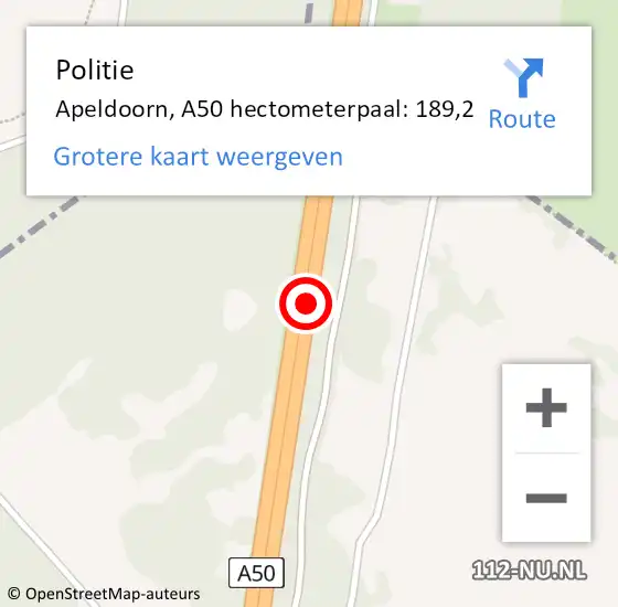 Locatie op kaart van de 112 melding: Politie Apeldoorn, A50 hectometerpaal: 189,2 op 16 juni 2021 18:57