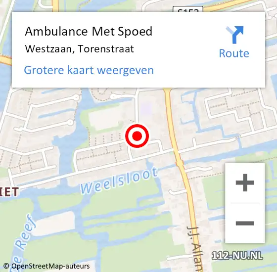 Locatie op kaart van de 112 melding: Ambulance Met Spoed Naar Westzaan, Torenstraat op 16 juni 2021 19:05