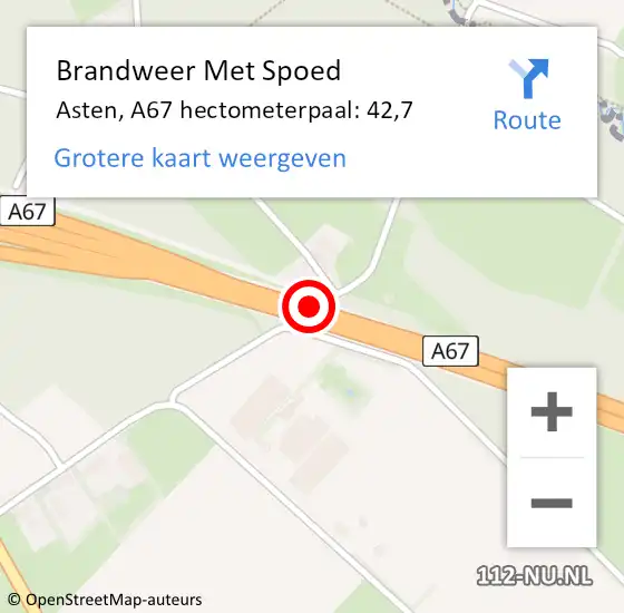 Locatie op kaart van de 112 melding: Brandweer Met Spoed Naar Asten, A67 hectometerpaal: 42,7 op 16 juni 2021 20:09