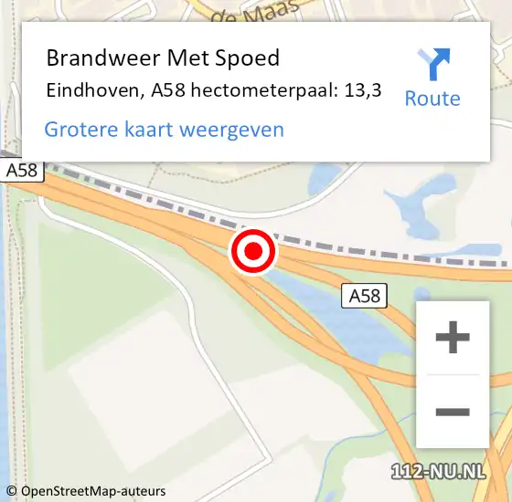 Locatie op kaart van de 112 melding: Brandweer Met Spoed Naar Eindhoven, A58 hectometerpaal: 13,3 op 16 juni 2021 20:29