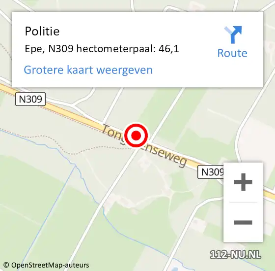 Locatie op kaart van de 112 melding: Politie Epe, N309 hectometerpaal: 46,1 op 16 juni 2021 23:05