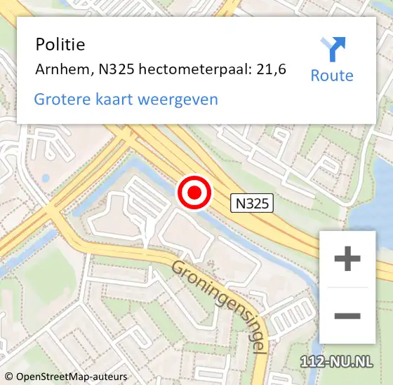 Locatie op kaart van de 112 melding: Politie Arnhem, N325 hectometerpaal: 21,6 op 17 juni 2021 00:19