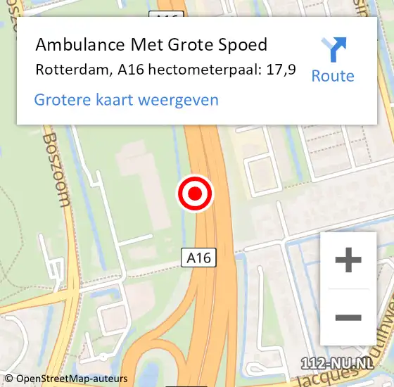 Locatie op kaart van de 112 melding: Ambulance Met Grote Spoed Naar Rotterdam, A16 hectometerpaal: 17,9 op 17 juni 2021 01:04