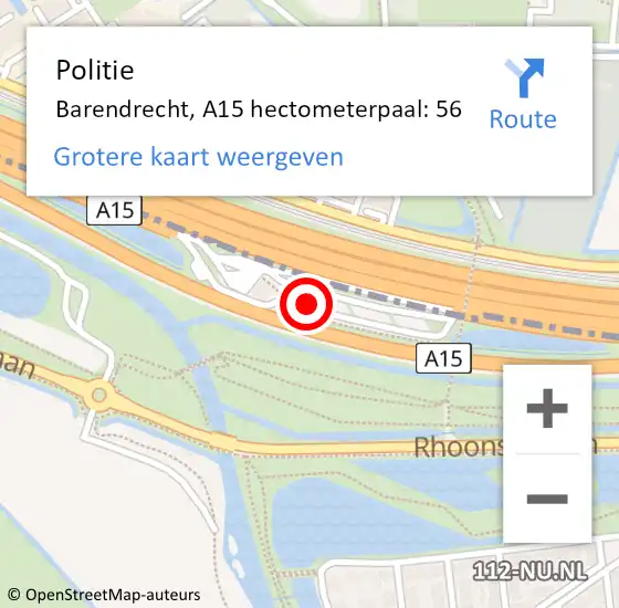 Locatie op kaart van de 112 melding: Politie Barendrecht, A15 hectometerpaal: 56 op 17 juni 2021 07:04