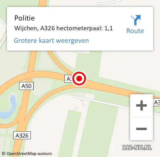 Locatie op kaart van de 112 melding: Politie Wijchen, A326 hectometerpaal: 1,1 op 17 juni 2021 09:04