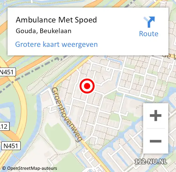 Locatie op kaart van de 112 melding: Ambulance Met Spoed Naar Gouda, Beukelaan op 17 juni 2021 13:51