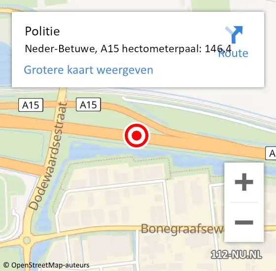 Locatie op kaart van de 112 melding: Politie Neder-Betuwe, A15 hectometerpaal: 146,4 op 17 juni 2021 14:35