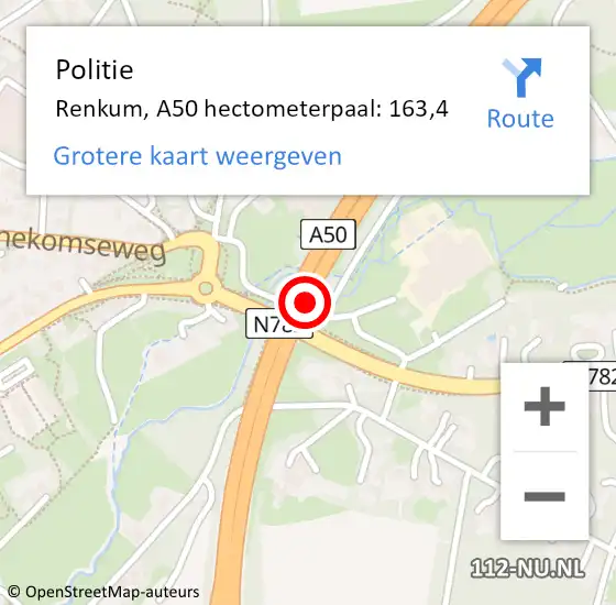 Locatie op kaart van de 112 melding: Politie Renkum, A50 hectometerpaal: 163,4 op 17 juni 2021 14:36