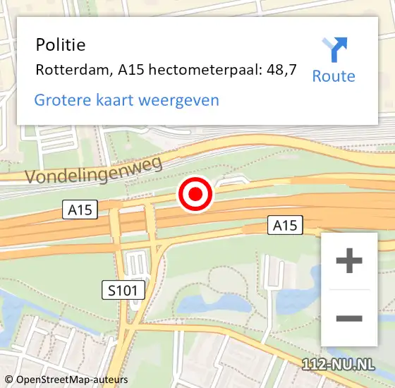 Locatie op kaart van de 112 melding: Politie Rotterdam, A15 hectometerpaal: 48,7 op 17 juni 2021 15:12