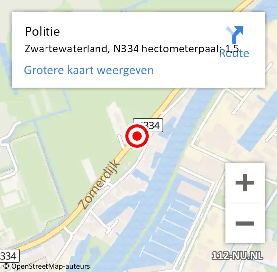 Locatie op kaart van de 112 melding: Politie Zwartewaterland, N334 hectometerpaal: 1,5 op 17 juni 2021 15:25