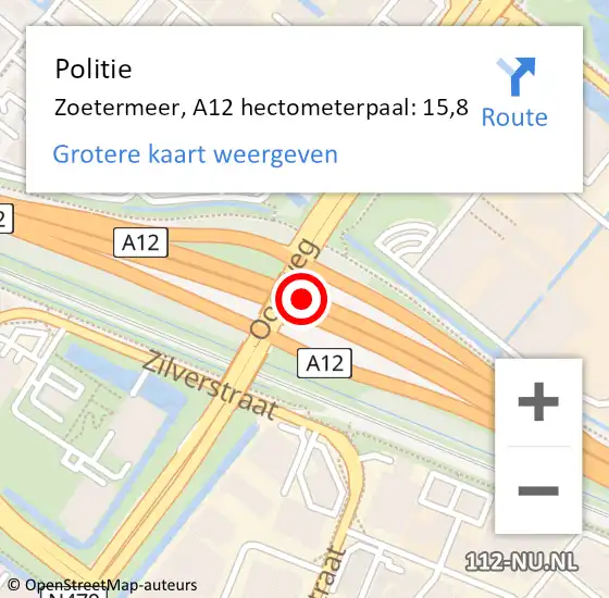 Locatie op kaart van de 112 melding: Politie Zoetermeer, A12 hectometerpaal: 15,8 op 17 juni 2021 15:47