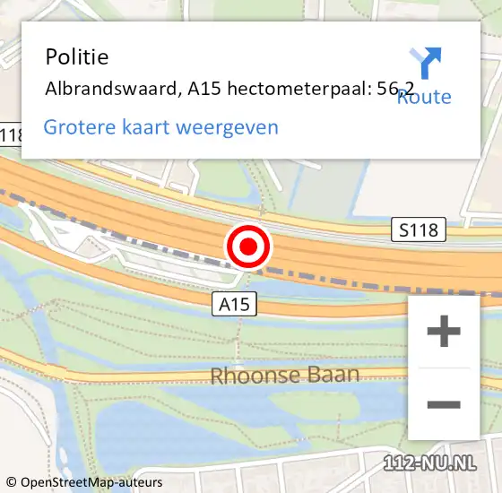 Locatie op kaart van de 112 melding: Politie Barendrecht, A15 hectometerpaal: 56,2 op 17 juni 2021 15:53