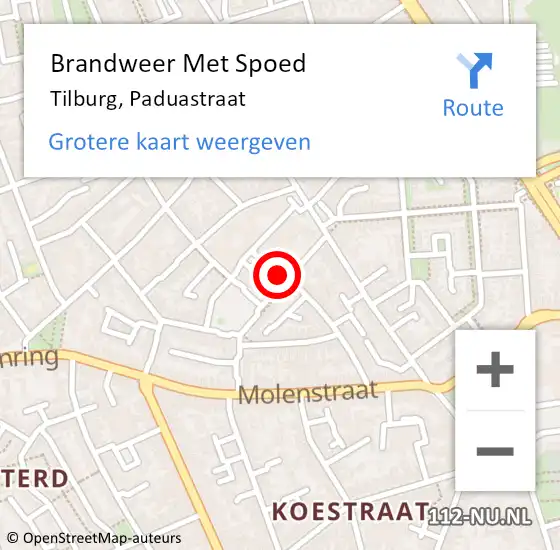 Locatie op kaart van de 112 melding: Brandweer Met Spoed Naar Tilburg, Paduastraat op 17 juni 2021 17:06