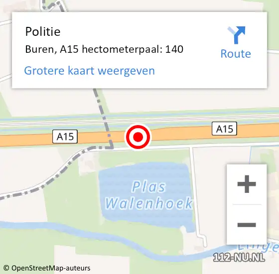 Locatie op kaart van de 112 melding: Politie Buren, A15 hectometerpaal: 140 op 17 juni 2021 17:46