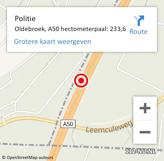 Locatie op kaart van de 112 melding: Politie Oldebroek, A50 hectometerpaal: 233,6 op 17 juni 2021 19:19