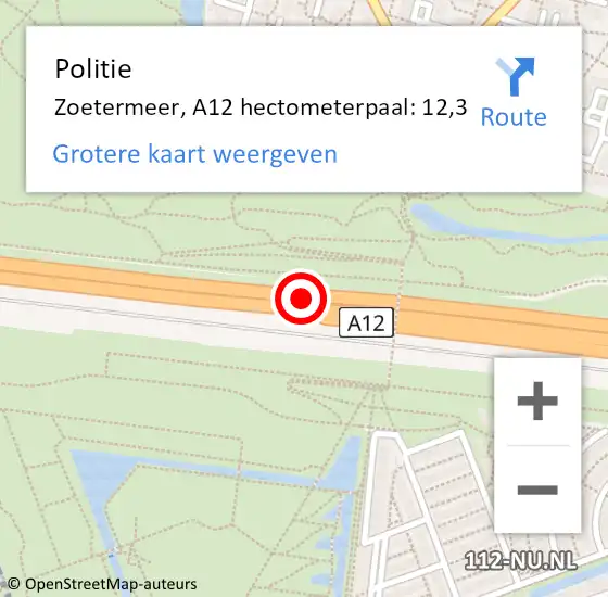 Locatie op kaart van de 112 melding: Politie Zoetermeer, A12 hectometerpaal: 12,3 op 17 juni 2021 20:38