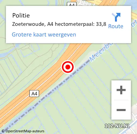 Locatie op kaart van de 112 melding: Politie Zoeterwoude, A4 hectometerpaal: 33,8 op 17 juni 2021 21:59