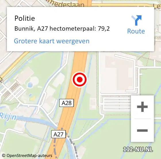 Locatie op kaart van de 112 melding: Politie Bunnik, A27 hectometerpaal: 79,2 op 17 juni 2021 23:16