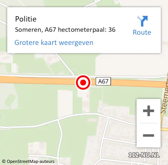 Locatie op kaart van de 112 melding: Politie Someren, A67 hectometerpaal: 36 op 18 juni 2021 05:49