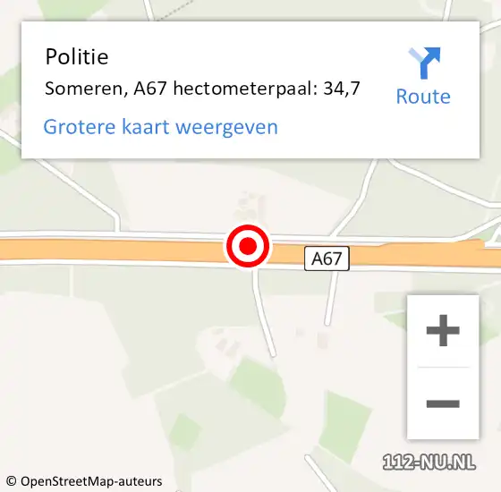 Locatie op kaart van de 112 melding: Politie Someren, A67 hectometerpaal: 34,7 op 18 juni 2021 05:59