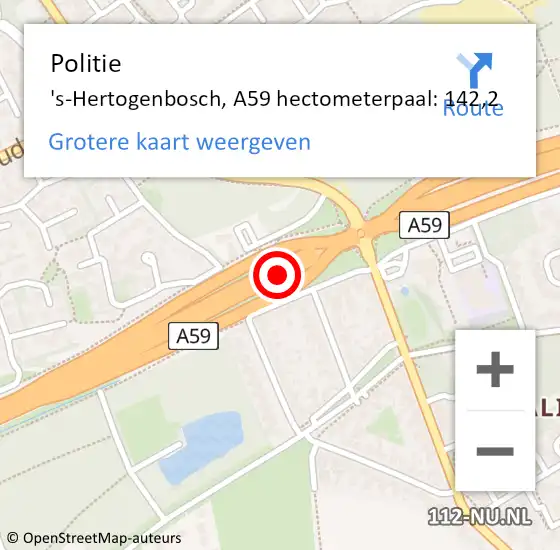 Locatie op kaart van de 112 melding: Politie 's-Hertogenbosch, A59 hectometerpaal: 142,2 op 18 juni 2021 06:06