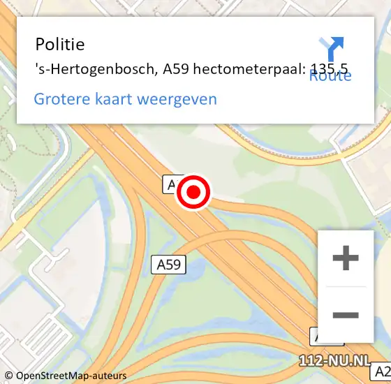 Locatie op kaart van de 112 melding: Politie 's-Hertogenbosch, A59 hectometerpaal: 135,5 op 18 juni 2021 06:06
