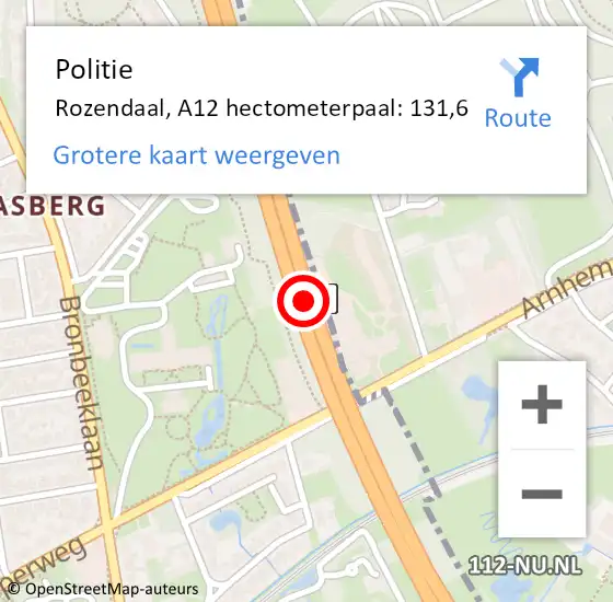 Locatie op kaart van de 112 melding: Politie Rozendaal, A12 hectometerpaal: 131,6 op 18 juni 2021 07:01