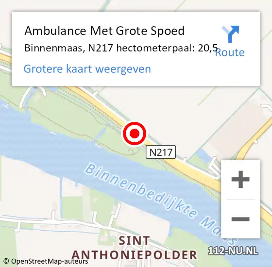 Locatie op kaart van de 112 melding: Ambulance Met Grote Spoed Naar Binnenmaas, N217 hectometerpaal: 20,5 op 18 juni 2021 07:32