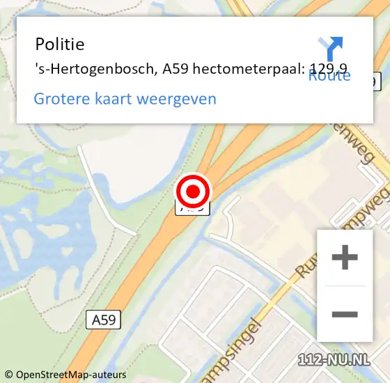 Locatie op kaart van de 112 melding: Politie 's-Hertogenbosch, A59 hectometerpaal: 129,9 op 18 juni 2021 07:34