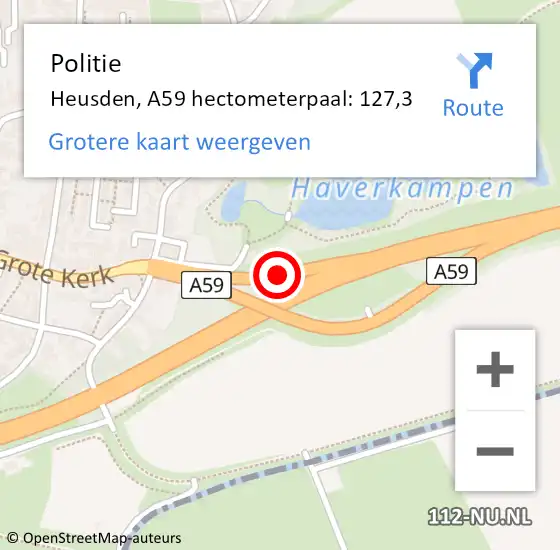 Locatie op kaart van de 112 melding: Politie Heusden, A59 hectometerpaal: 127,3 op 18 juni 2021 07:46