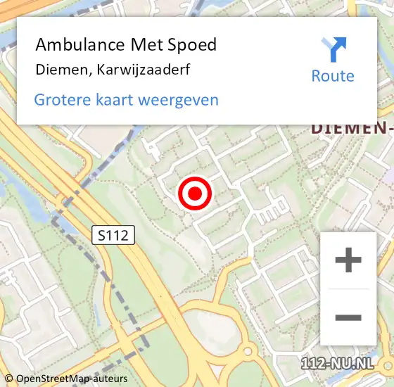 Locatie op kaart van de 112 melding: Ambulance Met Spoed Naar Diemen, Karwijzaaderf op 18 juni 2021 08:47