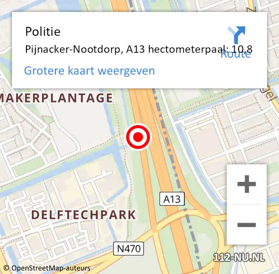 Locatie op kaart van de 112 melding: Politie Pijnacker-Nootdorp, A13 hectometerpaal: 10,8 op 18 juni 2021 08:57