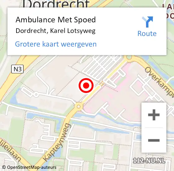 Locatie op kaart van de 112 melding: Ambulance Met Spoed Naar Dordrecht, Karel Lotsyweg op 18 juni 2021 10:08