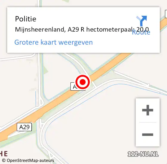 Locatie op kaart van de 112 melding: Politie Mijnsheerenland, A29 R hectometerpaal: 20,0 op 13 juni 2014 16:20